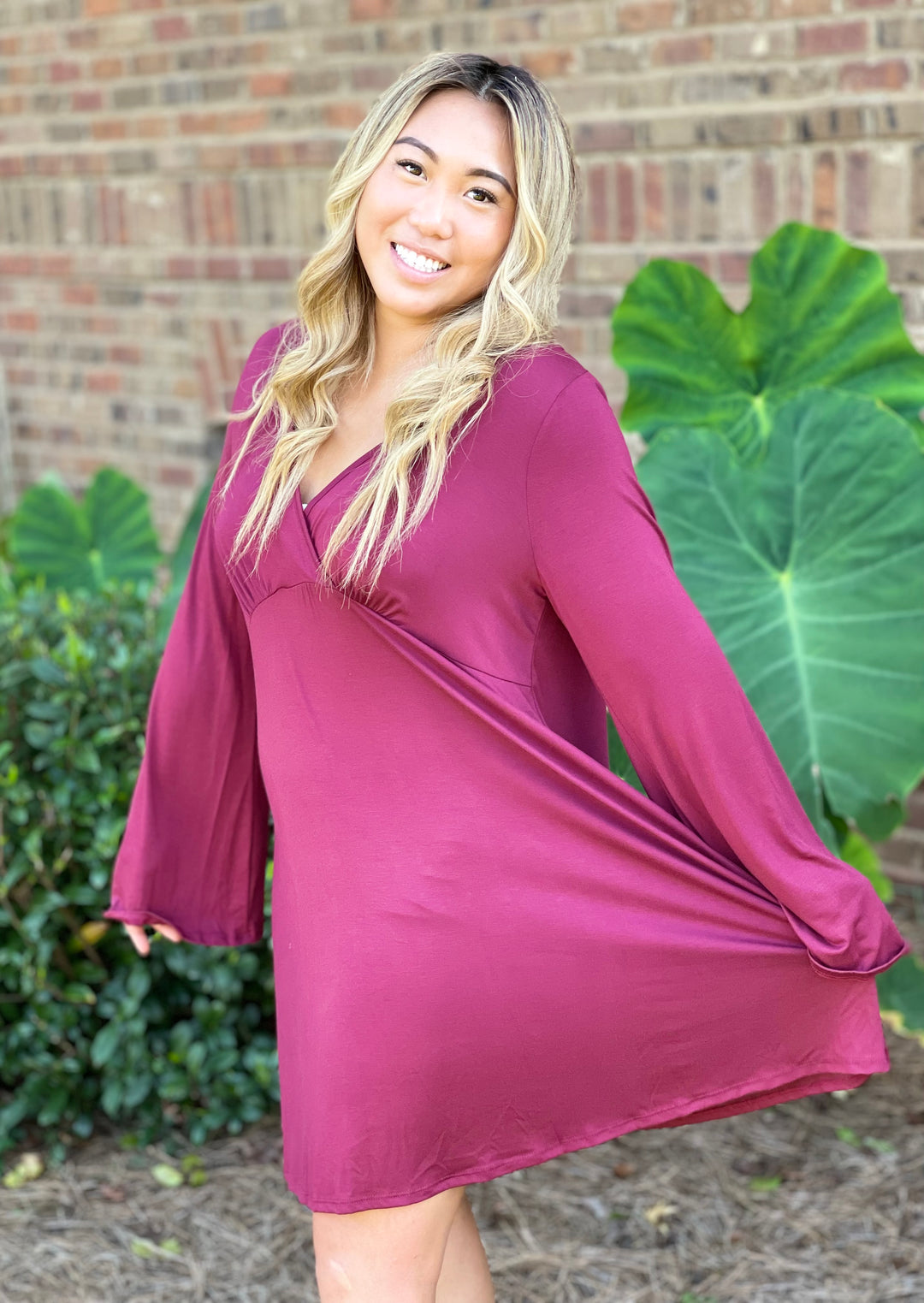 Burgundy Wrap Dress With Bell Sleeves – maeCmae